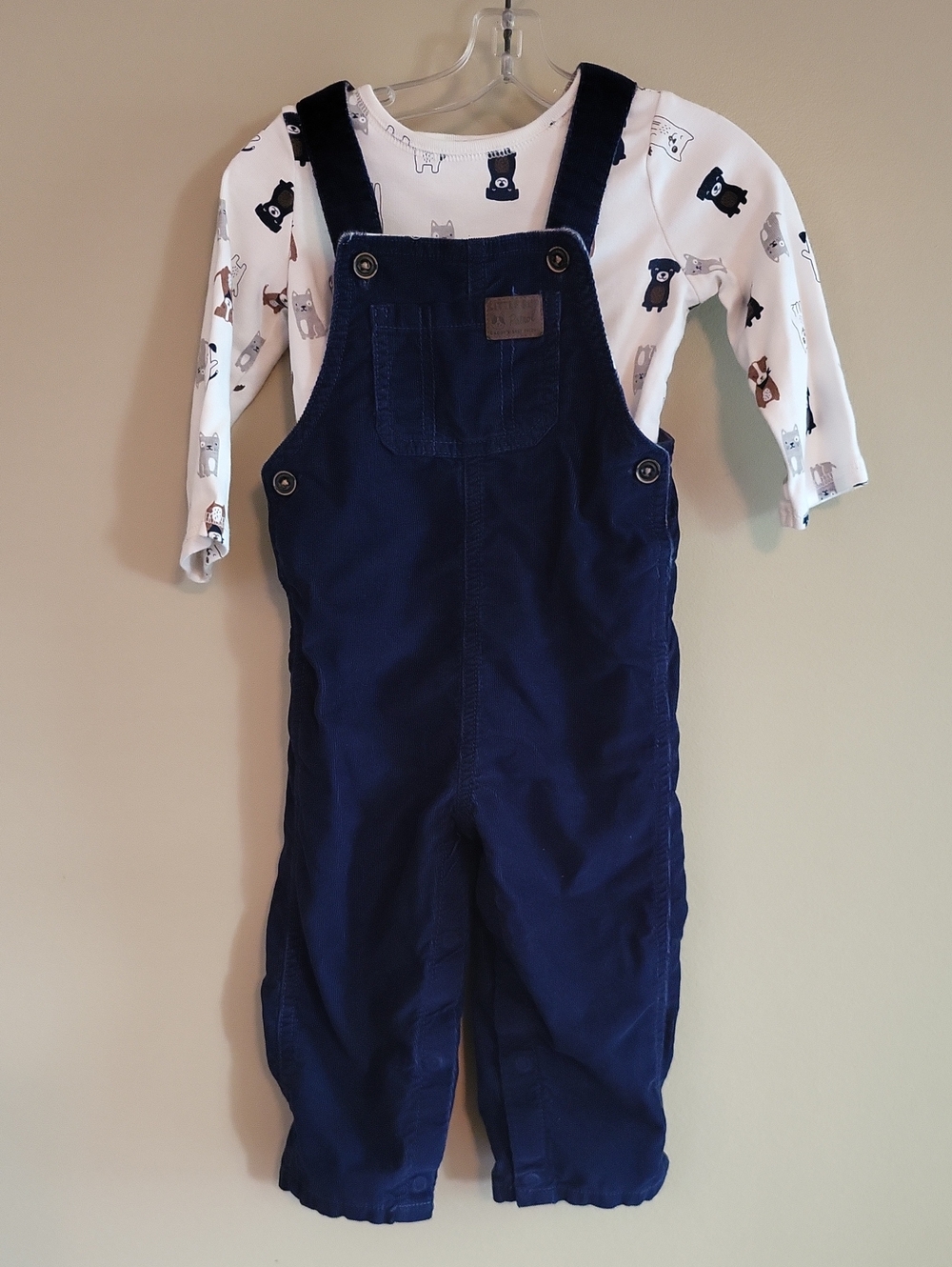 Navy blue corduroy overalls with puppy print long sleeve tee shirt